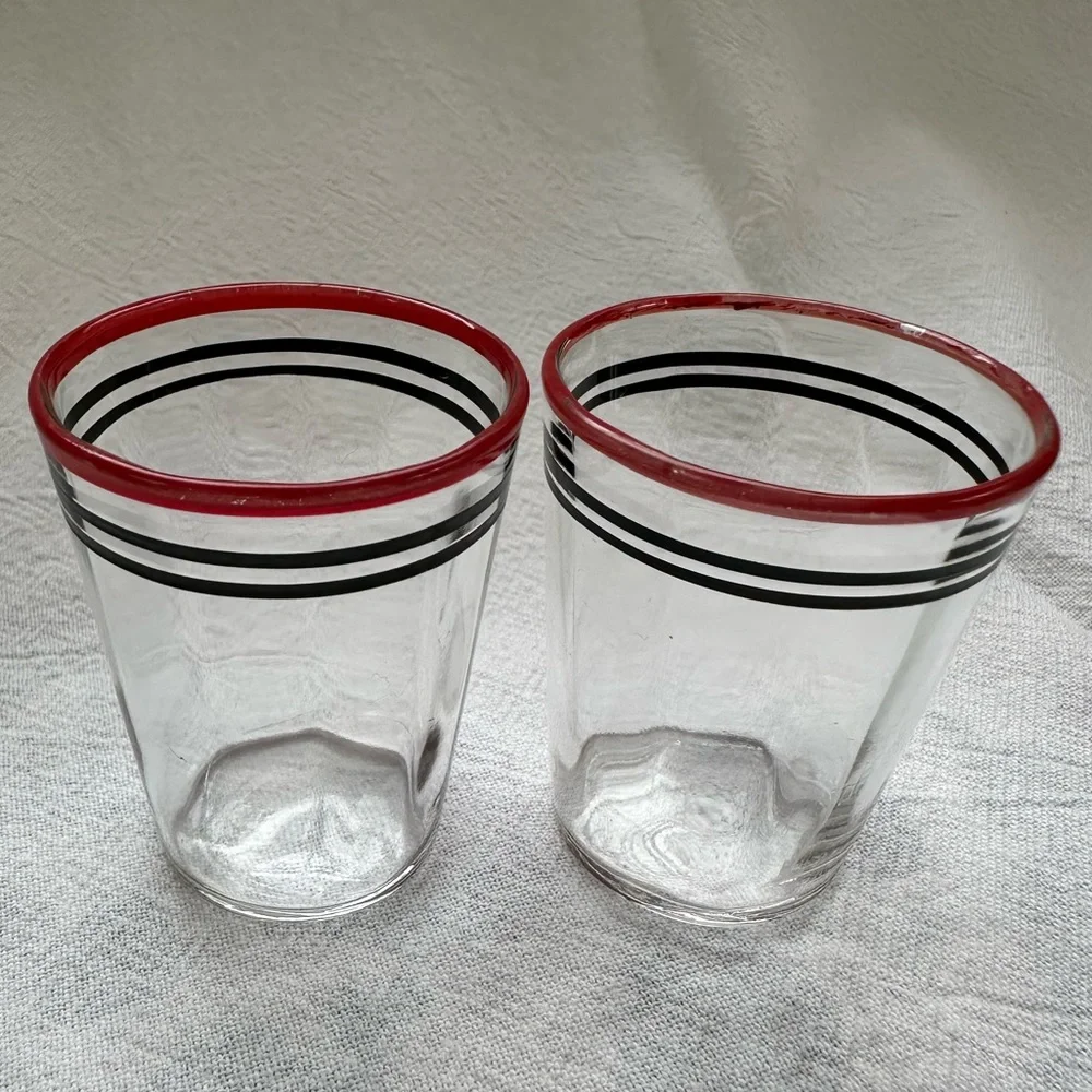 Vintage Nostalgic 1960s Era Matched Red & Black Banded Pair Clear Shot Glasses